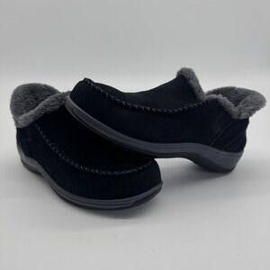 Orthofeet 80041 Womens 8.5 X-Wide 2E Black Leather Faux Fur Lined Loafers